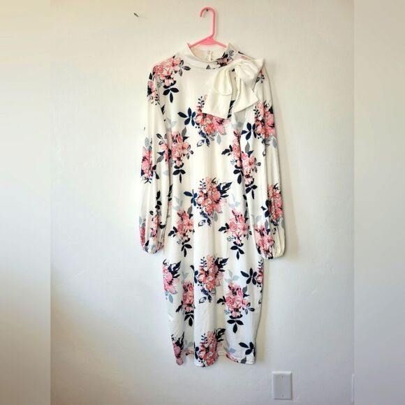 White Pink Floral Midi Dress Bow Feminine Coquette Derby Garden Tea Party XXL - Picture 1 of 15